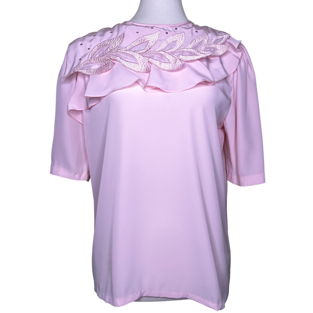 Vintage Gailord Pink Ruffle Blouse Leaf Embroidery Short Sleeve Top Coquette